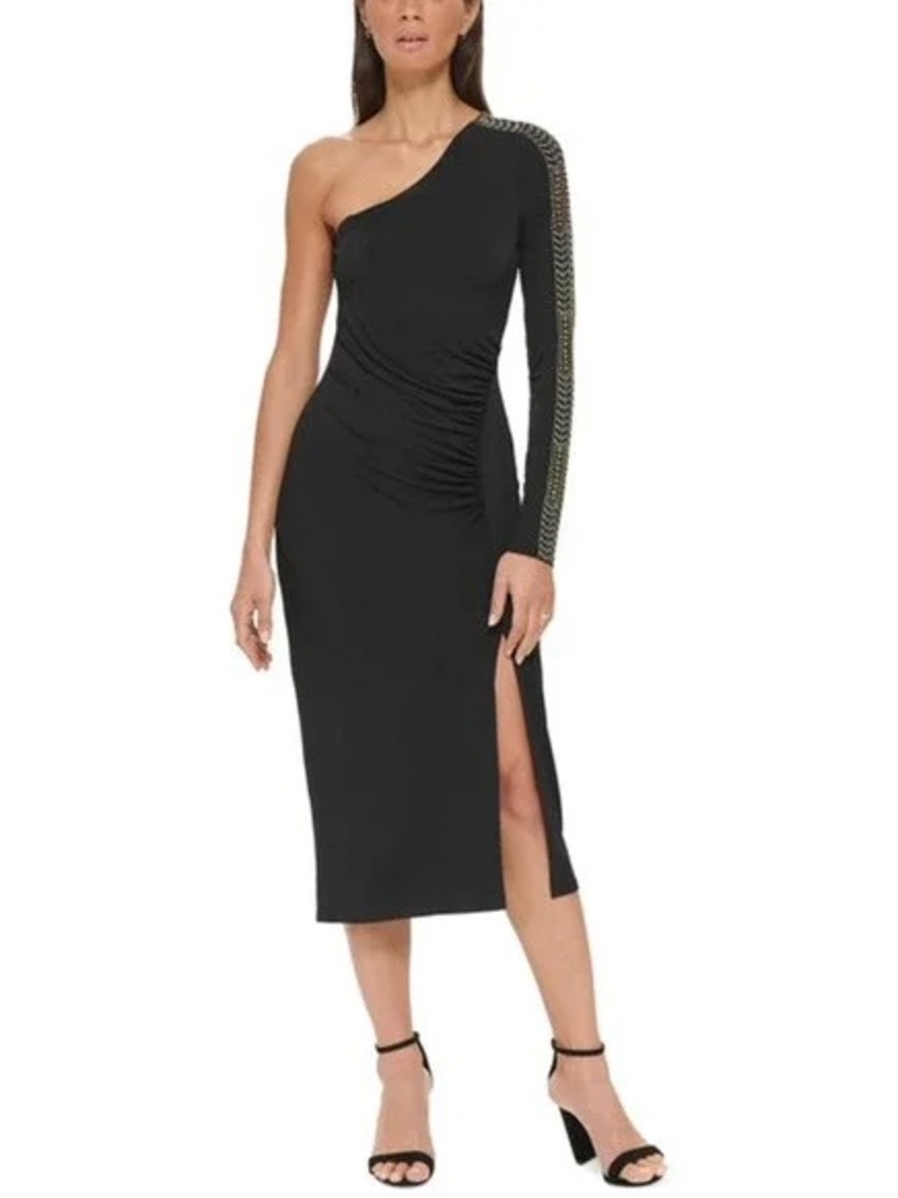 Guess One-Shoulder Embellished-Sleeve Ruched Midi Dress - Black/Gold - Size 4